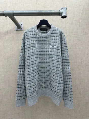 粗花呢灰绿格纹提花圆领针织衫 男士针织衫
