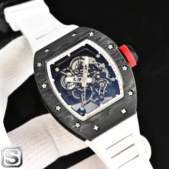 太阳出品出品 理查德 米勒 RM055 NTPTL88 正式亮相 全新骨架化机芯RMUL2和NTPT碳纤维表壳是真正的封神之作   RICHARD MILLE  理查德米勒 理查米尔  封神表壳 49.90*42.70的NTPT碳纤维表壳 保证整体架构最佳钢性 零件表面良好平整度及齿轮系的完美运转 还具有上链可调节桶 防震等多项功能 精度和稳定性都达到了非凡的水平 (所有齿轮均与正品一样运转)注意  强势声明 此款RM055 NTPT所有零部件与正品可互换通用 是真正意义上1:1 太阳出品精致推荐男士机械腕表