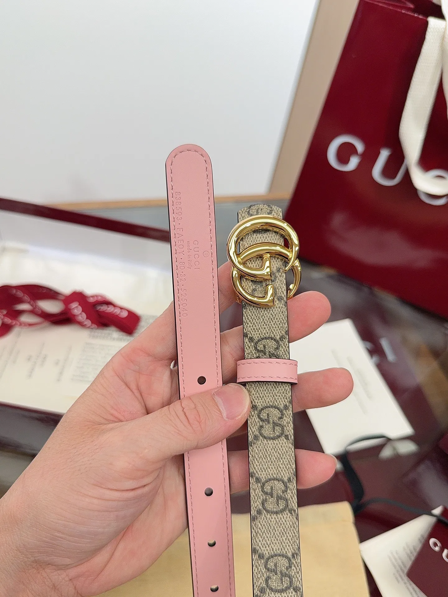 gucci G女式新款腰帶 專櫃同步 寬2.0厘米 帶身帆布杏老花-拼進口小牛皮粉色 精緻真空電鍍双G型鋼扣 雙面可用
