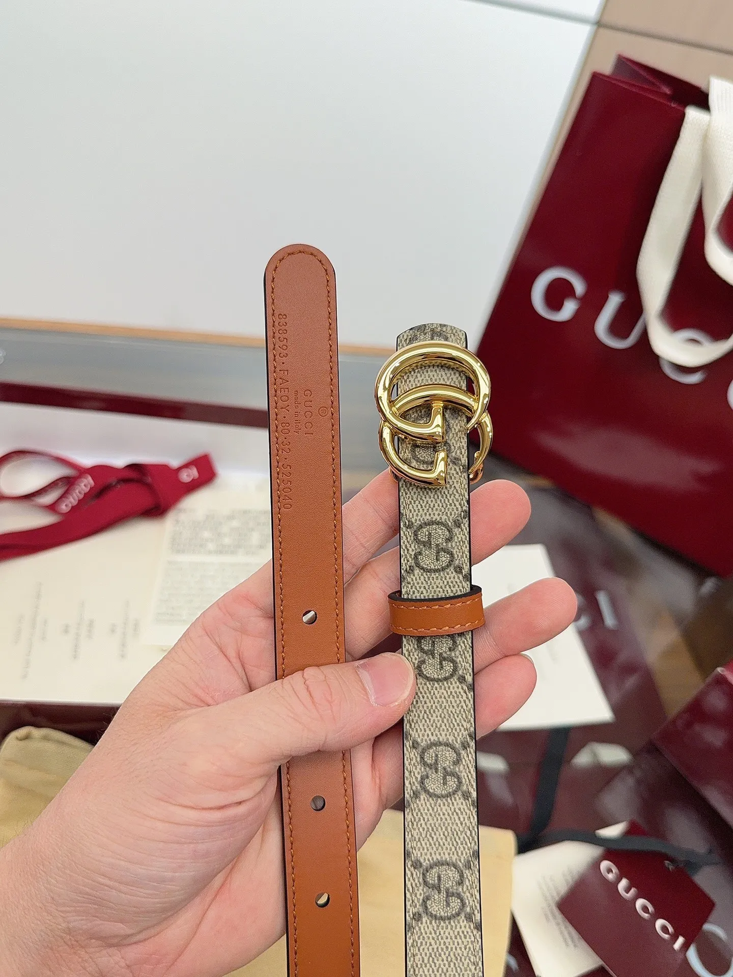 gucci G女式新款腰帶 專櫃同步 寬2.0厘米 帶身帆布杏老花-拼進口小牛皮棕色 精緻真空電鍍双G型鋼扣 雙面可用
