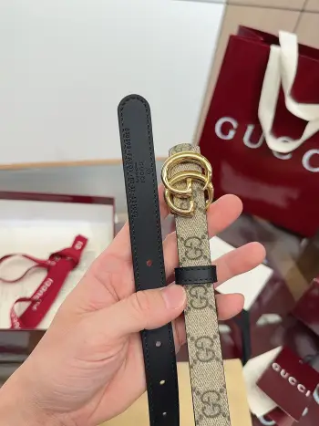 gucci G女式新款腰帶 專櫃同步 寬2.0厘米 帶身帆布杏老花-拼進口小牛皮黑色 精緻真空電鍍双G型鋼扣 雙面可用