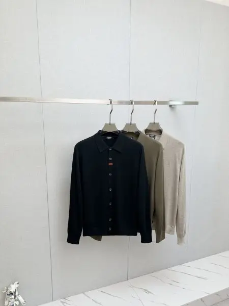 杰尼亚男士撞色织带羊毛针织Polo衫